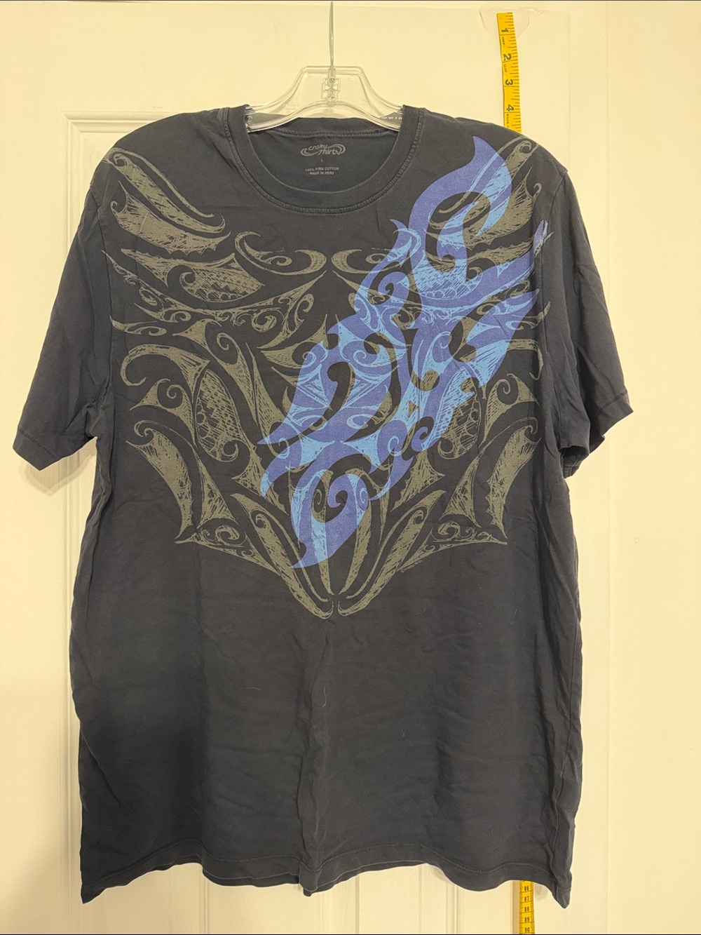Men's Black Graphic Tee with Blue Tribal Print